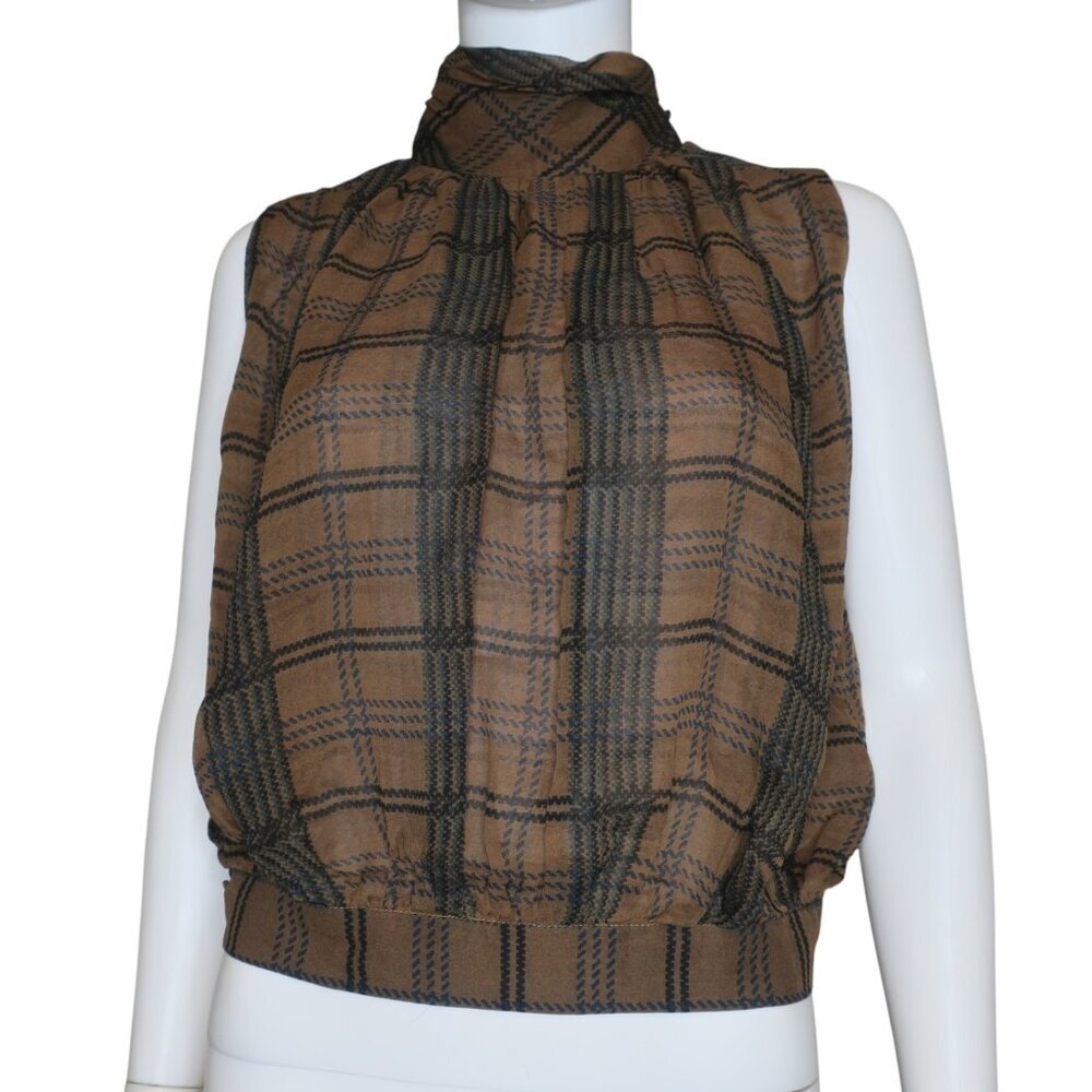 Billy Reid Silk Plaid Sleeveless Top High Neck Career Blouse Women's XS